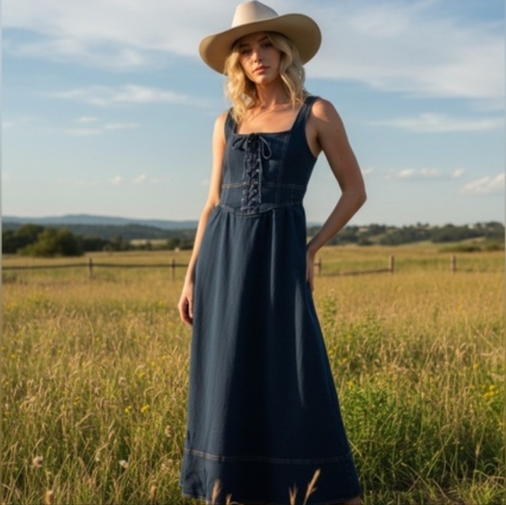 Moon River Corset Denim Maxi Dress Size Medium NWOT